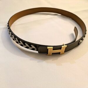 AUTHENTIC!! HERMES LEATHER & VELVET BELT W GOLD H BUCKLE